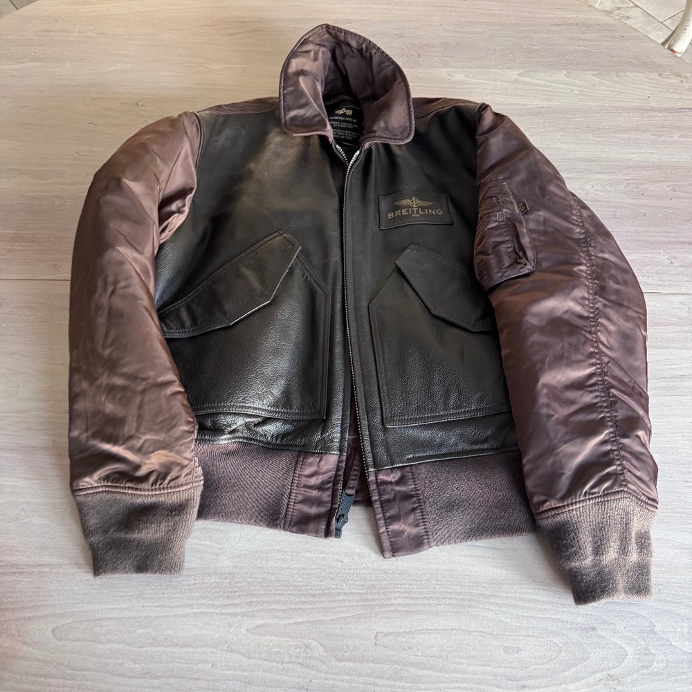 Breitling Leather with Brown Satin Bomber Jacket Medium